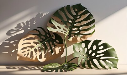  a large green leaf sitting next to a shadow of a plant on a wall with a shadow cast on the wall behind it and a shadow of a large green leaf on the wall.  generative ai