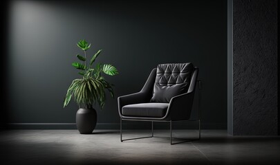  a chair and a plant in a dark room with a black wall and floor and a black floor and a black chair with a black seat and a plant in the corner.  generative ai