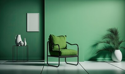  a green chair sitting in a room next to a white vase and a green wall with a picture on it and a plant in the corner.  generative ai
