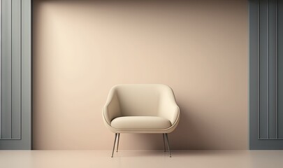  a white chair sitting in a room next to a wall with a door in the middle of it and a light colored wall behind it.  generative ai