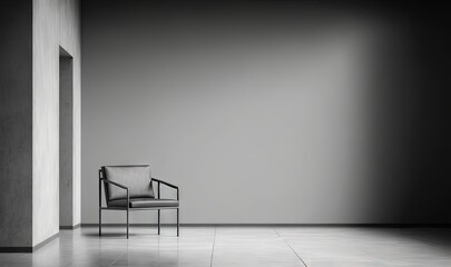  a black and white photo of a chair in a room with a wall and a door in the background with a light coming through it.  generative ai