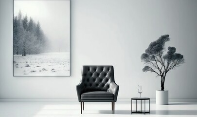  a black and white photo of a chair and a table in a room with a painting on the wall and a vase with a tree.  generative ai
