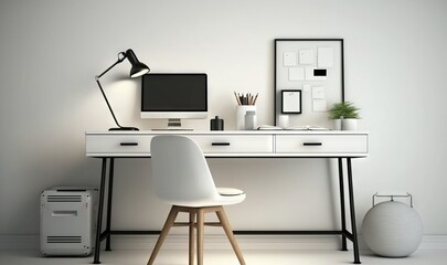  a white desk with a computer and a white chair in front of a white wall with a black lamp on top of it and a white desk with a white chair.  generative ai