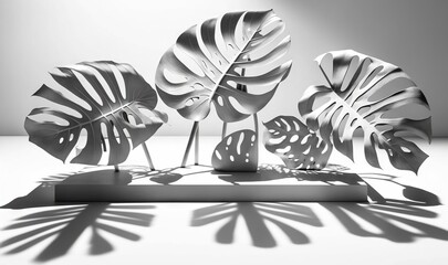  a black and white photo of a group of leaf shapes on a table with a light shining on the floor in the backround of the image.  generative ai