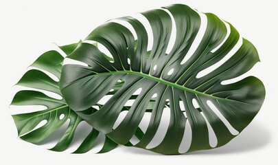  a large green leaf with white stripes on a white background with a shadow of the leaves on the floor and a white background with a shadow of the leaves.  generative ai