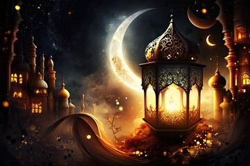 Ramadan 2023 Crescent moon lamp background, Generative AI