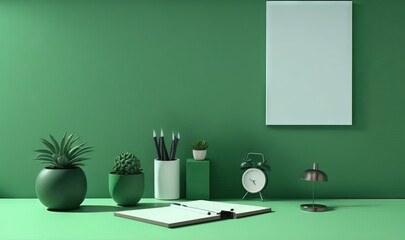  a green room with a notepad, clock, plant and other office supplies on a table with a blank sign on the wall behind it.  generative ai