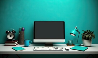  a desktop computer sitting on top of a desk next to a cup of coffee and a lamp on top of a desk next to a book.  generative ai
