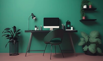  a desk with a computer and a potted plant on it in a room with a green wall and a black chair with a black seat.  generative ai