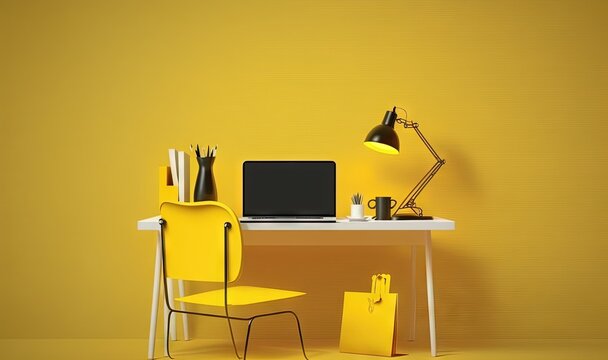  a desk with a laptop and a yellow bag on it and a yellow wall in the background with a yellow chair and a yellow bag.  generative ai