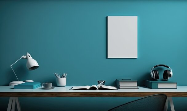  a desk with a book, headphones, a lamp, and a book on it in a room with a blue wall and a chair.  generative ai