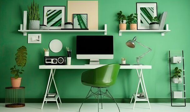  a desk with a computer and a green chair in front of a green wall with potted plants and pictures on the wall above it.  generative ai