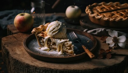 Slice of apple pie with nuts, ice cream, and cinnamon in a plate. Generative AI illustration.