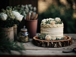 Obraz na płótnie Canvas Wedding cake decorated with flowers on a wooden plate. Generative AI illustration.