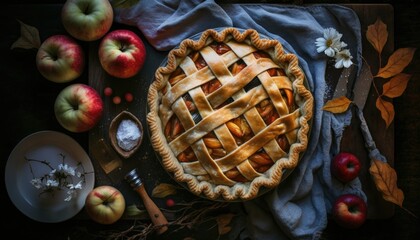 Top view of an apple pie and apples on a picnic table. Generative AI illustration.