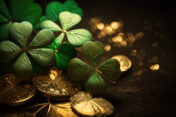 St. Patrick's Day abstract green background decorated with shamrock leaves. Patrick Day pub party celebrating. Abstract Border art design magic backdrop,generative ai.