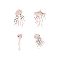 Jellyfish Character sea animal on deep background. Wild life illustration. Vector illustration.