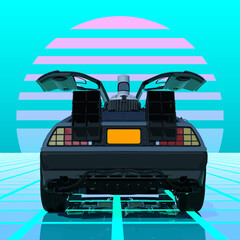 Retro futuristic car against turquiose sky with striped sun on a grid neon surface. Cyberpunk concept. Synthwave poster. Retro future wallpaper. Vector illustration. EPS 10.