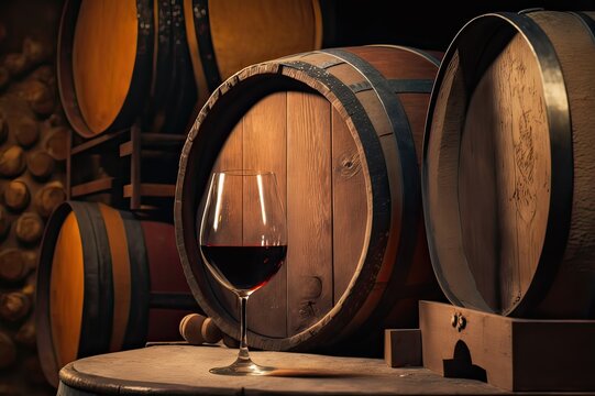 Tuscan Winery's Red Wine in Barrels and Glasses. Photo generative AI