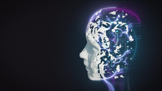 Profile view female humanoid person with digital data wires, network and structures in mind on black background. Artificial intelligence AI and machine learning concept