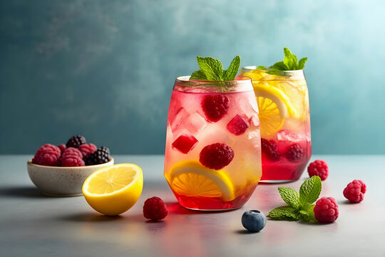 Cool refreshing cocktail or mocktail with raspberry, mint and lemon on light background. Generative AI, illustration