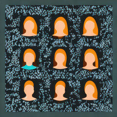 Nine women's heads without a face. Minimalist illustration.