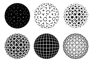 Set of abstract decorative spheres with geometric pattern isolated. 3D style dashed Abstract balls. Vector illustration