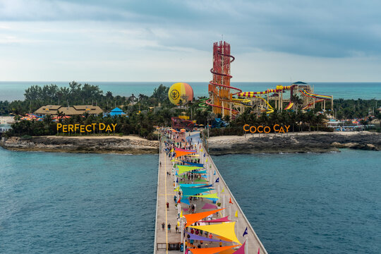 Coco Cay, Bahamas: Coco Cay is leased by Royal Caribbean Cruises. Aerial view of Cococay, the private island owned by Royal Caribbean cruise line where guests can have Perfect Day at Coco Cay.