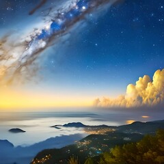 starry night sky, illuminated fluffy clouds, astronomy