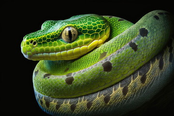 closeup of a green tree python (Chondropython viridis) snake. Generative AI