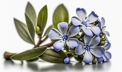  a bunch of blue flowers with green leaves on a white background with a reflection of the flowers on the surface of the image and a white background.  generative ai