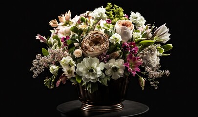  a vase filled with lots of flowers on top of a black tablecloth covered table top with a black background and a black background behind it.  generative ai