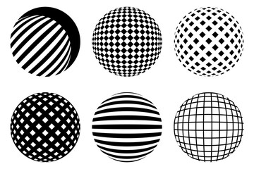 Set of abstract decorative spheres with geometric pattern isolated. 3D style dashed Abstract balls. Vector illustration