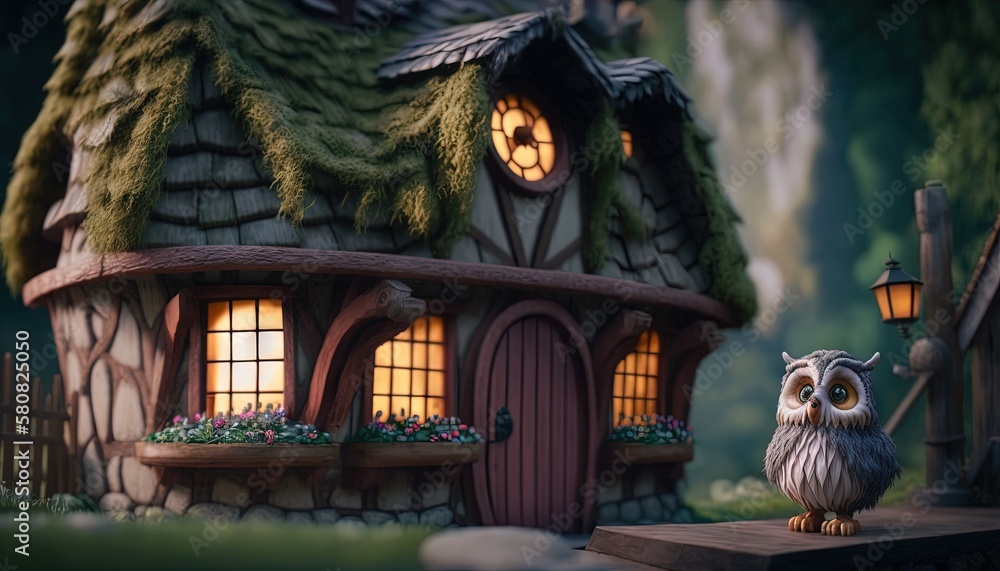 Poster an owl sitting on a ledge in front of a small house with a window and a light in the window and a li