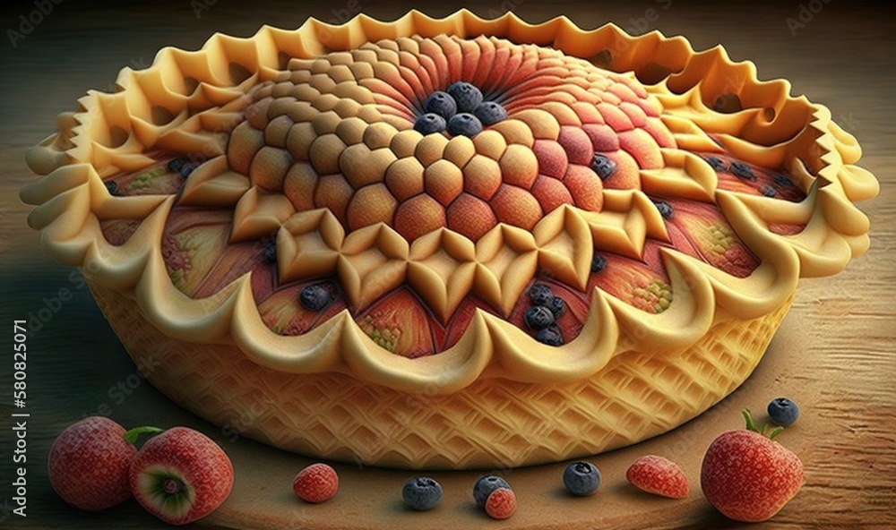 Poster a cake with fruit on top of it on a table. generative ai