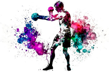 Fototapeta na wymiar Sporty man during boxing with watercolor splash, sticker. Neural network AI generated art