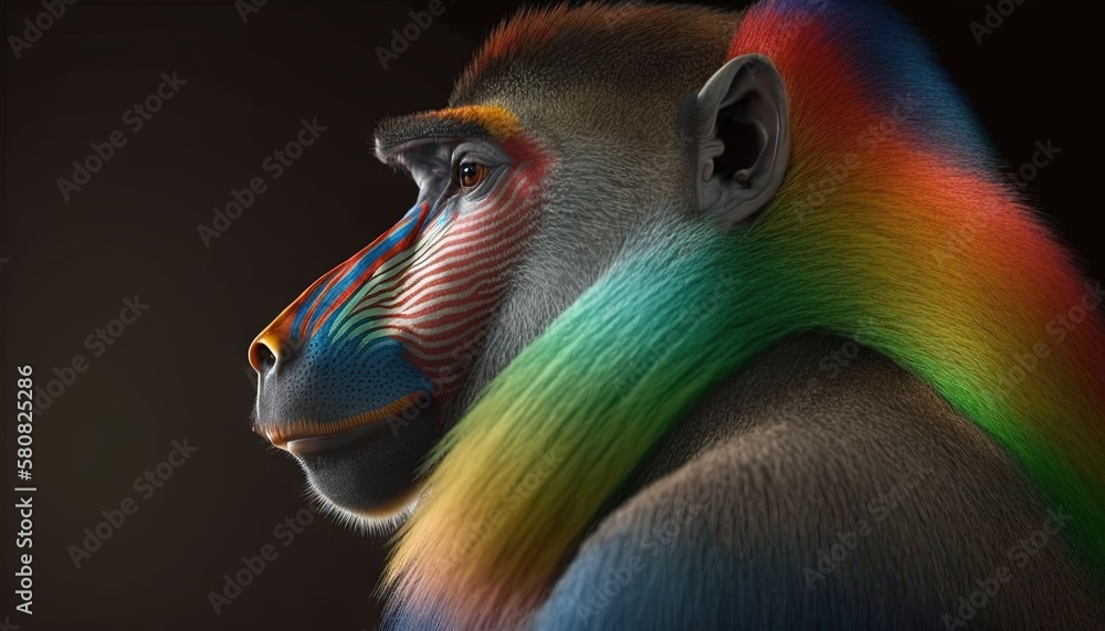 Poster a monkey with a multicolored face and a black background with a black background and a black backgro