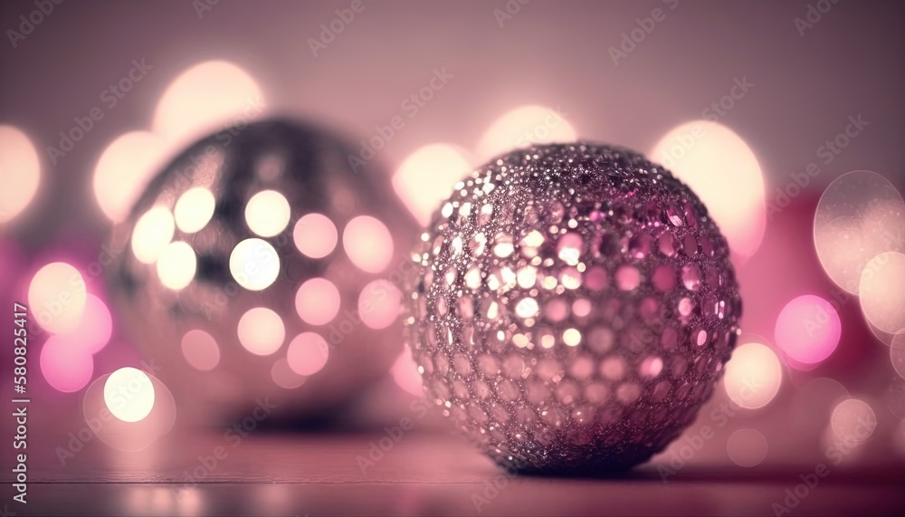 Poster a close up of a shiny ball on a table with a blurry background of lights in the backround of the bal