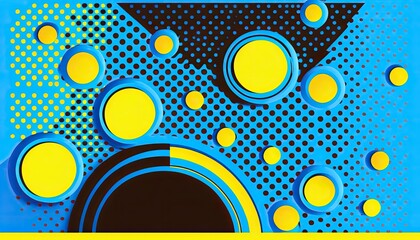 Obraz premium Blue memphis background with yellow and dark blue circles. Generative AI.