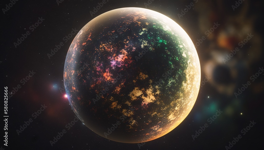 Poster a very large planet with a lot of stars in the sky behind it and a bright light shining on the surfa