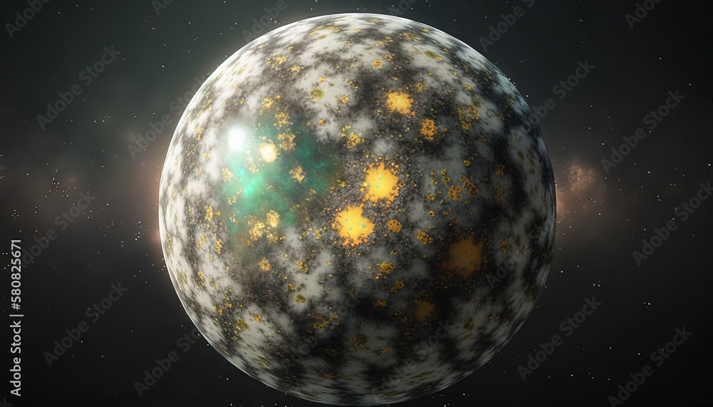 Poster a computer generated image of a large object in the sky with stars around it and a green light shini