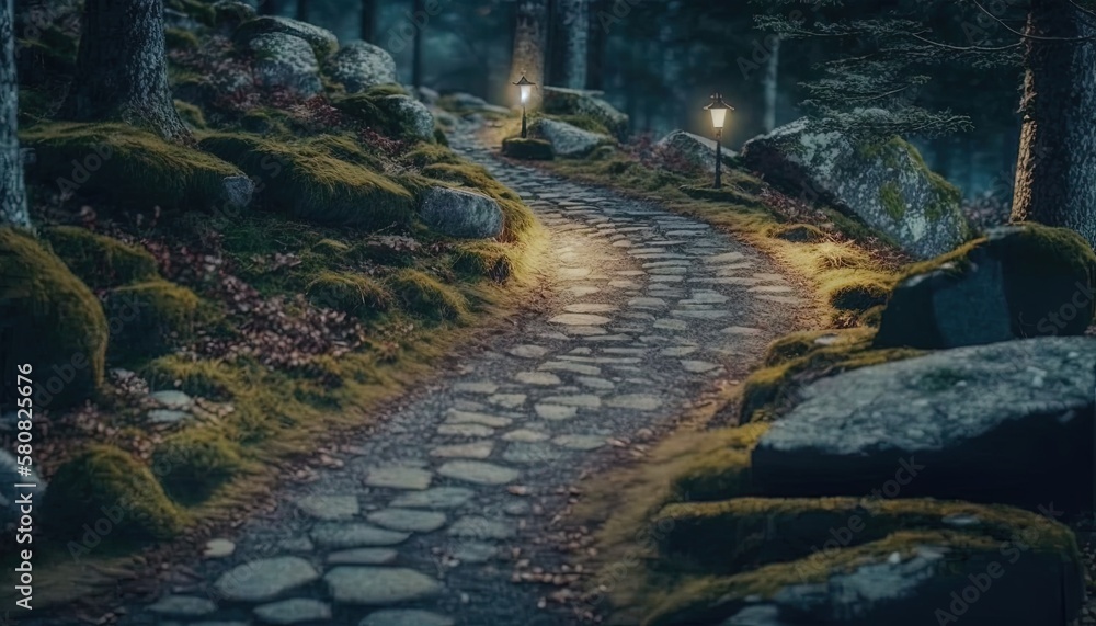 Poster a path in the woods lit up by two lights at night with moss growing on the rocks and the path is lit