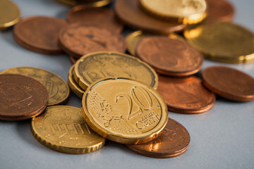 Pile of euro cent coins on table close-up. Soft focus