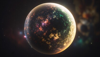 Obraz na płótnie Canvas a very large planet with a lot of stars in the sky behind it and a bright light shining on the surface of the planet in the background. generative ai