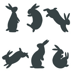 Set of minimalistic easter bunny. Vector illustration of rabbit silhouettes, farm animal in different poses for card, print, poster, web design
