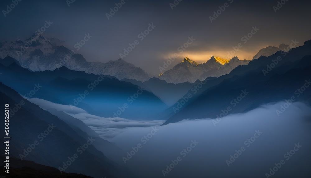 Poster a view of a mountain range with clouds and a sun peeking through the clouds in the distance with mou