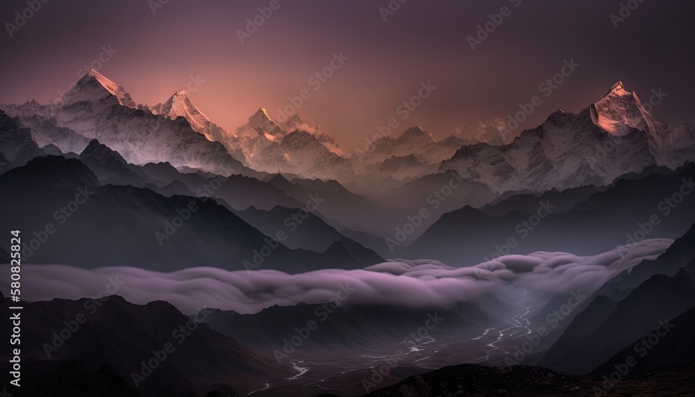 Poster a view of a mountain range with a river running through it at night with a pink sky in the backgroun