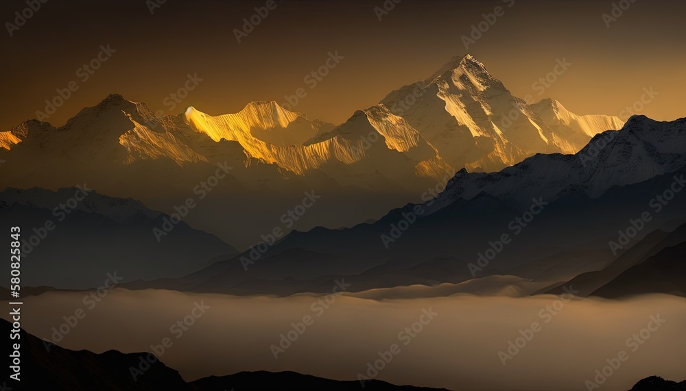 Aufkleber a view of a mountain range at sunset with fog in the foreground and the sun shining on the mountains