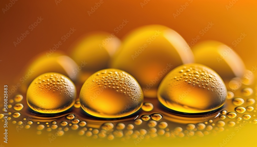 Poster a close up of a group of water droplets on a yellow surface with bubbles on the bottom of the image 