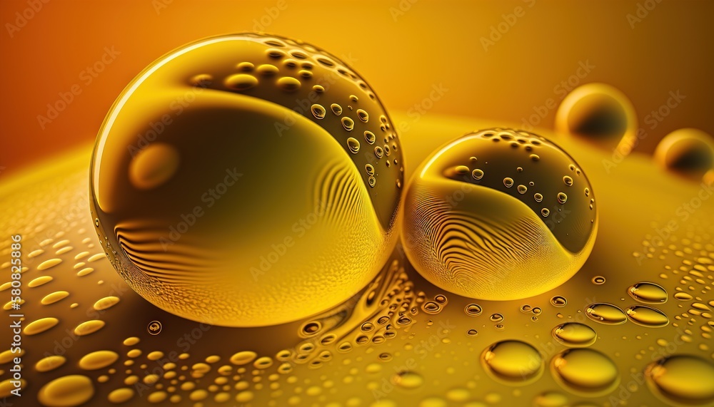 Poster a close up of two bubbles on a yellow surface with drops of water on the bottom of the bubbles and o